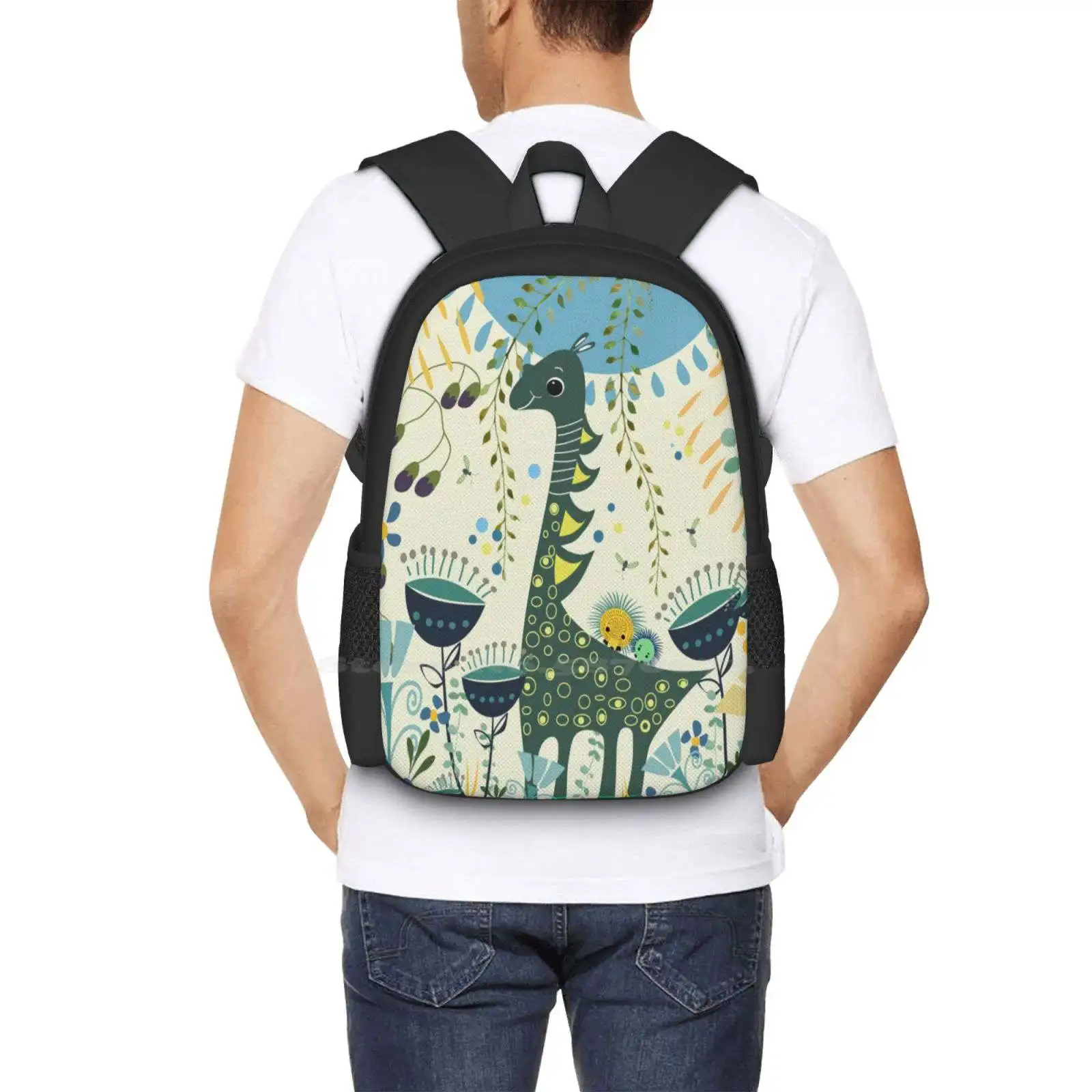 Little Dino Teen College Student Backpack Pattern Design Bags Dino Flowers Childeren Blue Green Nature Garden