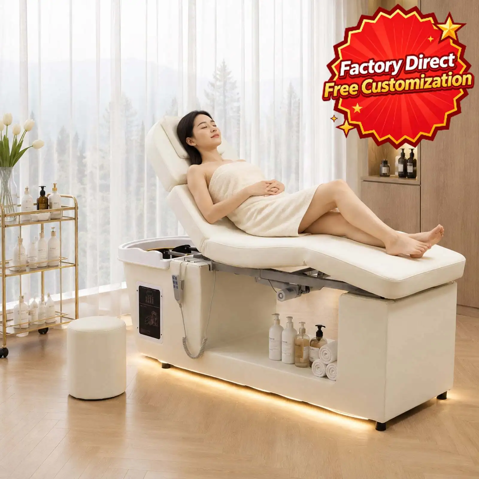 Electric Shampoo Bed Hair Treatment Scalp Therapy Bed Adjustable Reclining with Shampoo Bowl LED Ambient Light for Hair Salon