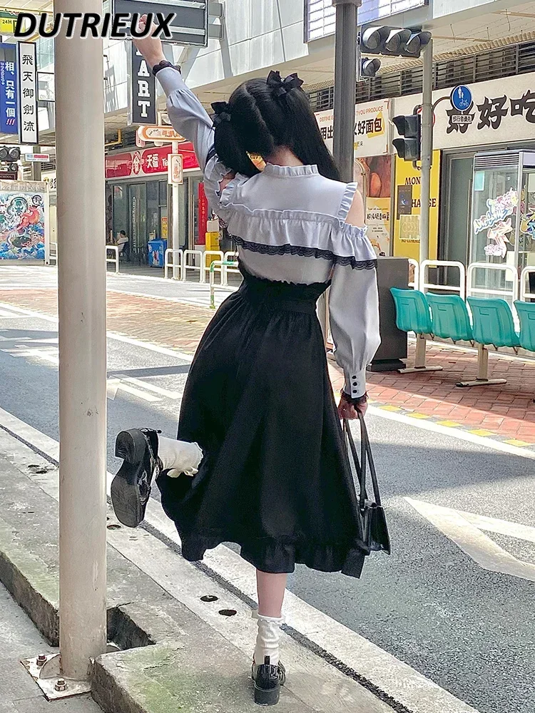 Tops de Color agua, traje de mina, camisa de manga larga con hombros descubiertos y falda negra de longitud media, conjunto dulce de dos piezas para mujer