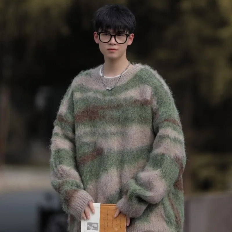 [oimg] Korean Version Color Blocked Striped Mohair Knitted Sweater, Men's Trendy Brand Street Lazy Style Loose Sweater