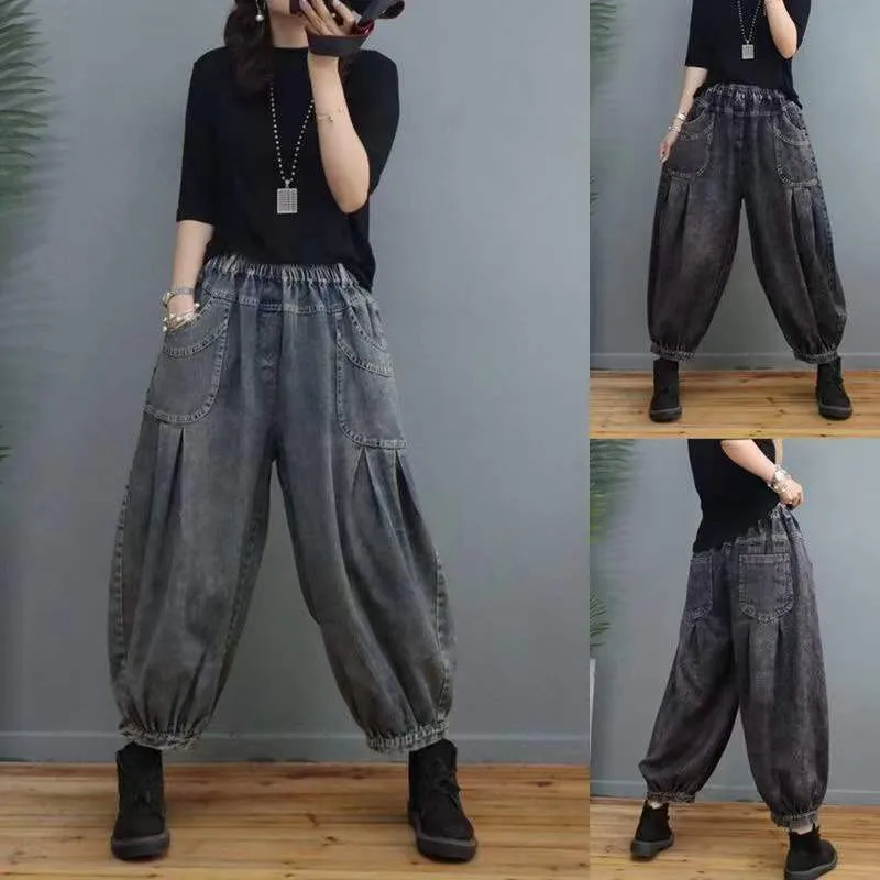 New Arrival 2023 Spring Autumn Arts Style Women Elastic Waist Cotton Denim Harem Pants Vintage Blue Casual Loose Jeans C726