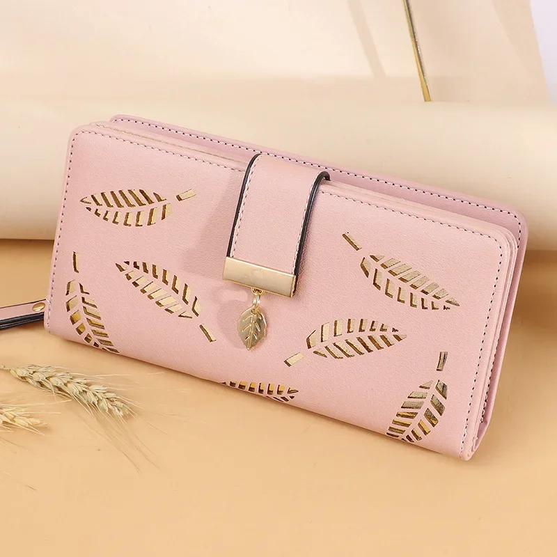 Women's Fashion Long Zipper Wallets   PU Leather Hollow Leaves Pouch  Handbag   Multi-layer Phone Bag Coin Purse Cards Holder