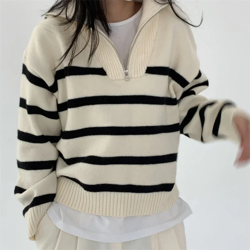 

Korean Striped Zipper Lapel Casual Short Pullover Knit Sweater Coffee Color White Autumn Loose Long Sleeve Knit Tops Pull Femme