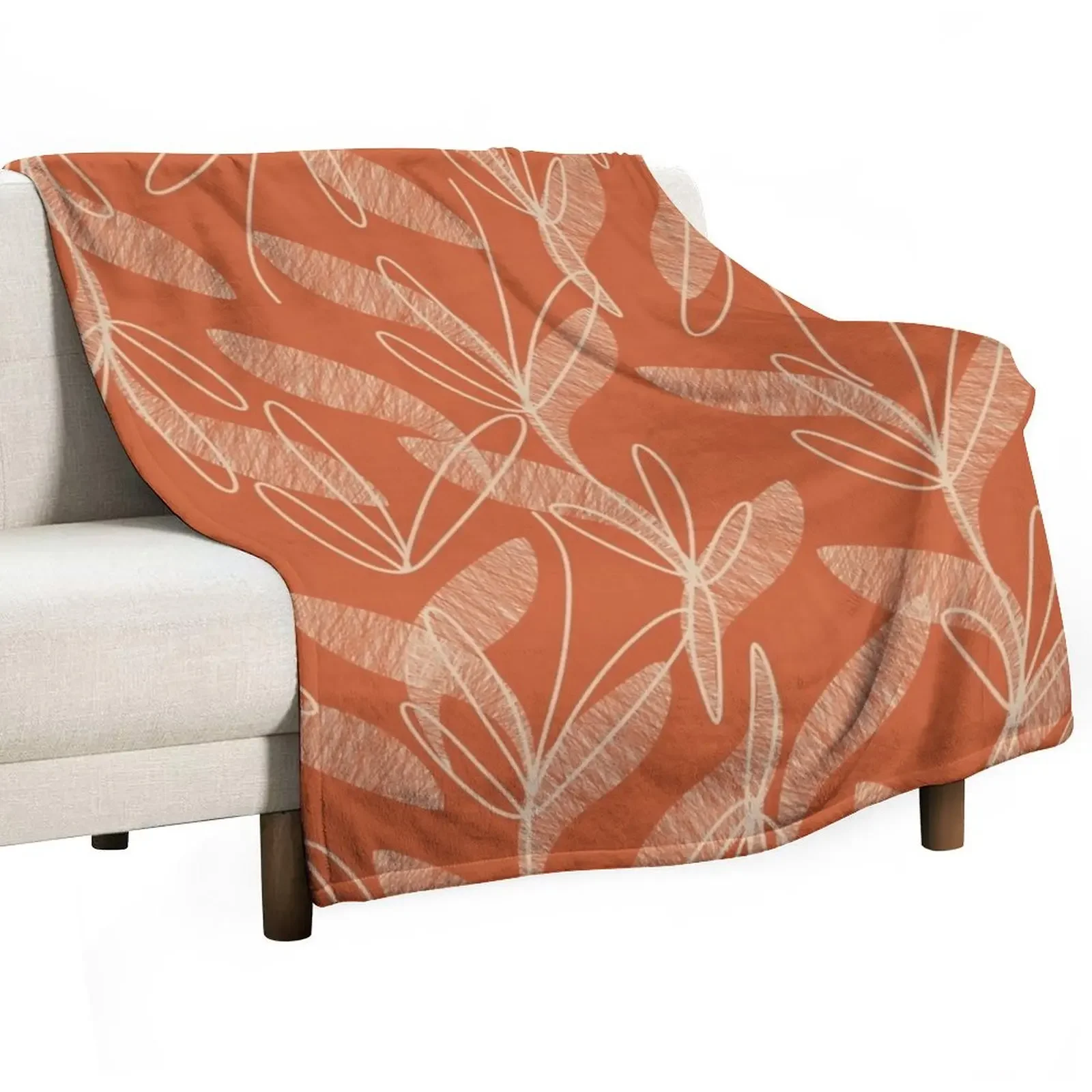

Retro Botanical Pattern in Mid Century Modern Beige and Orange Throw Blanket Hairys Nap Blankets