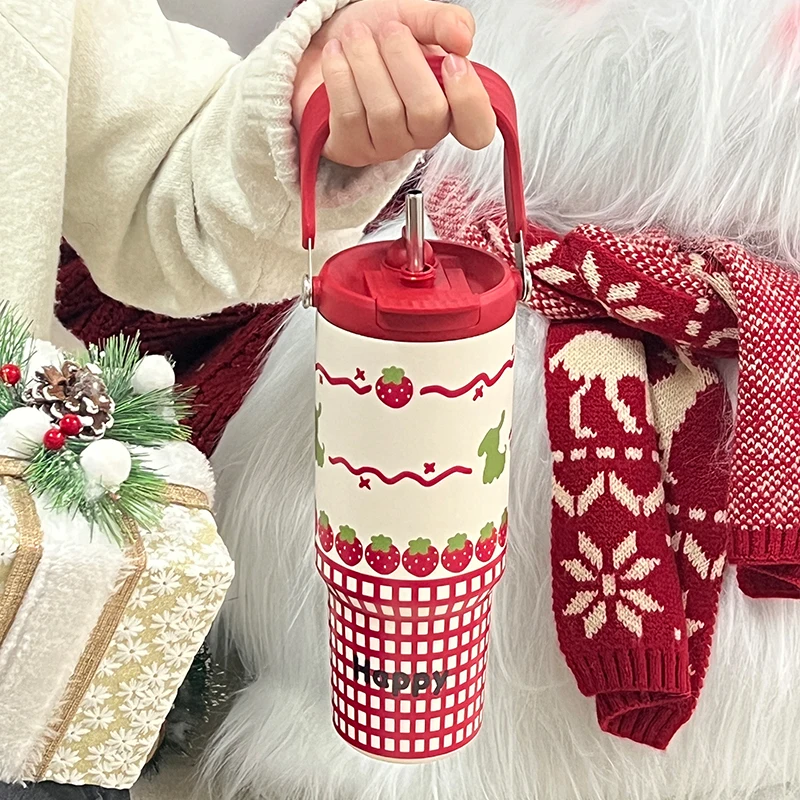 زجاجة ماء معزولة من الفولاذ المقاوم للصدأ بسعة كبيرة مع غطاء بقش وحامل للسيارة، كوب عصري للنساء #5