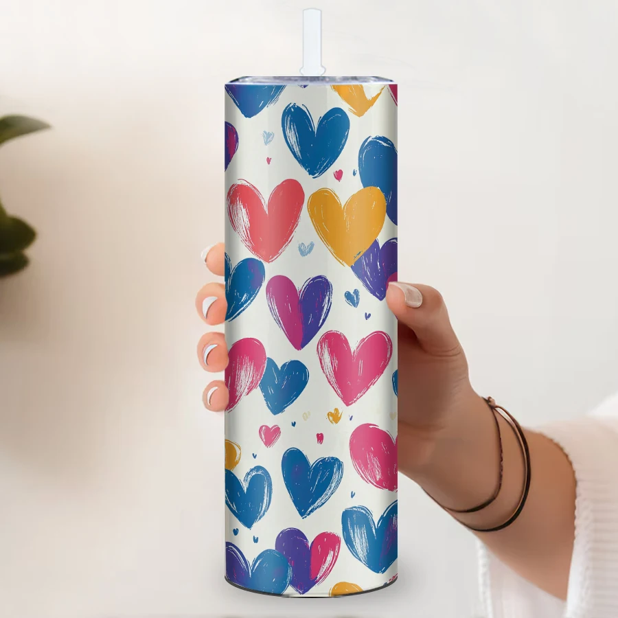 3D Print Colorful Hand Drawn Hearts Tumbler 1Pc 20oz Skinny Straight Party Water Bottle Family Outdoor Travel Vacuum Tumblers