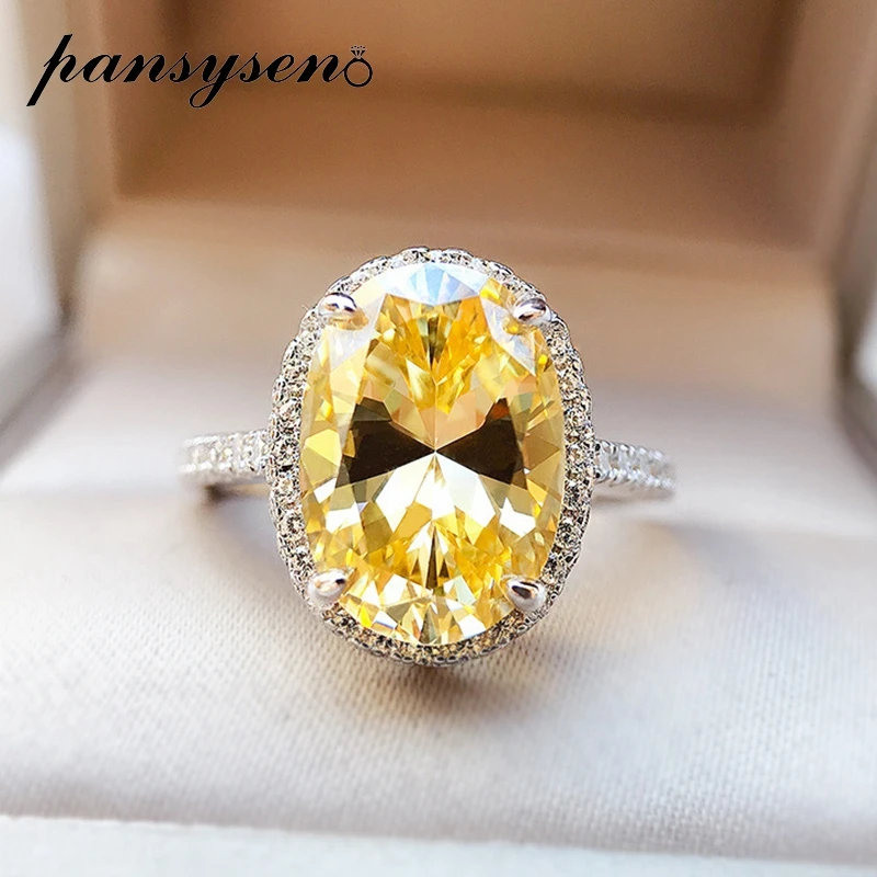 

PANSYSEN 100% 925 Sterling Silver Oval Cut Citrine Simulated Moissanite Diamonds Ring Women Wedding Party Fine Jewelry Wholesale