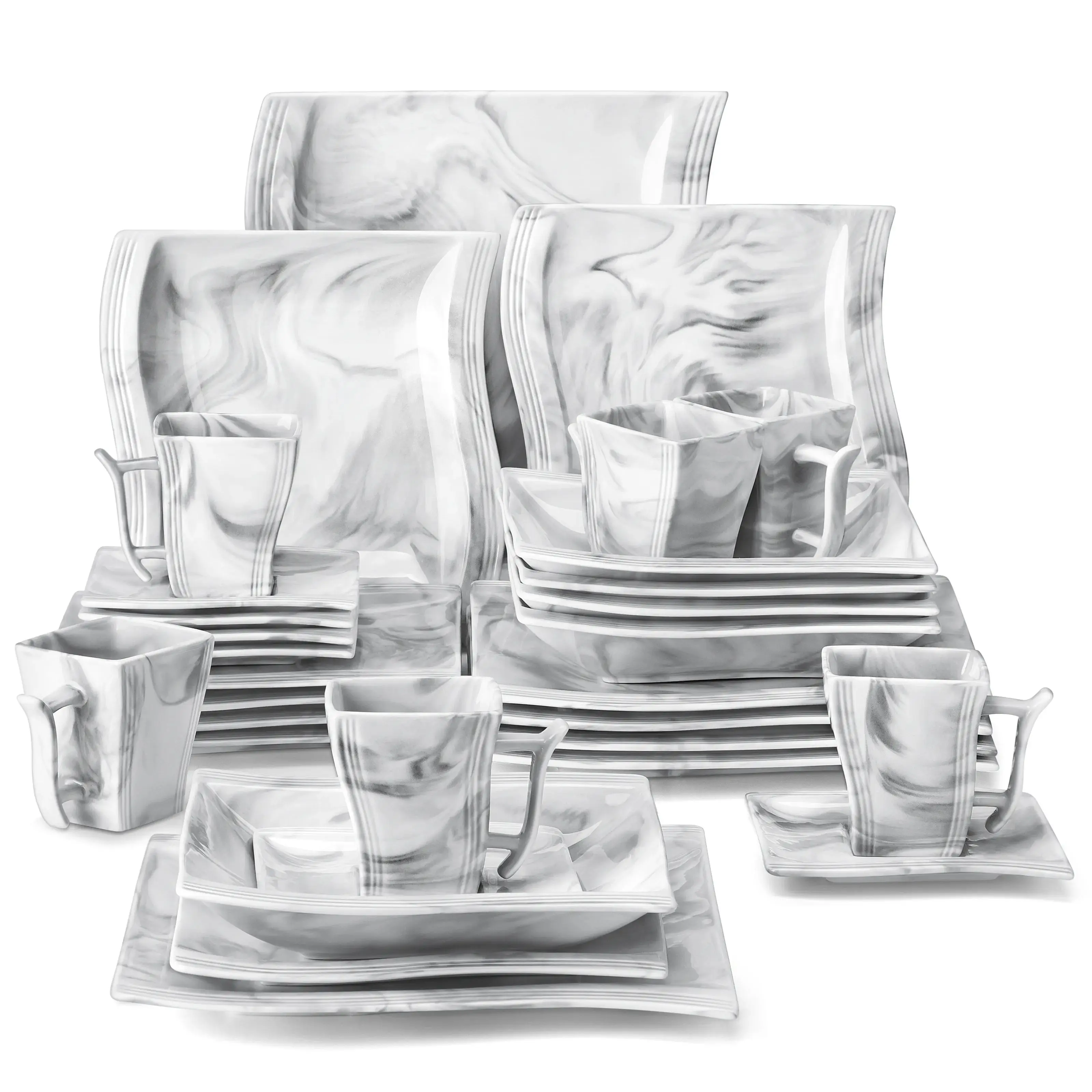 MALACASA FLORA 30/60-teiliges Marmor-Grau-Porzellan-Geschirrset mit 6-teiligem Speiseteller/Dessert/Suppe/Tassen und Untertassen-Geschirr-Set