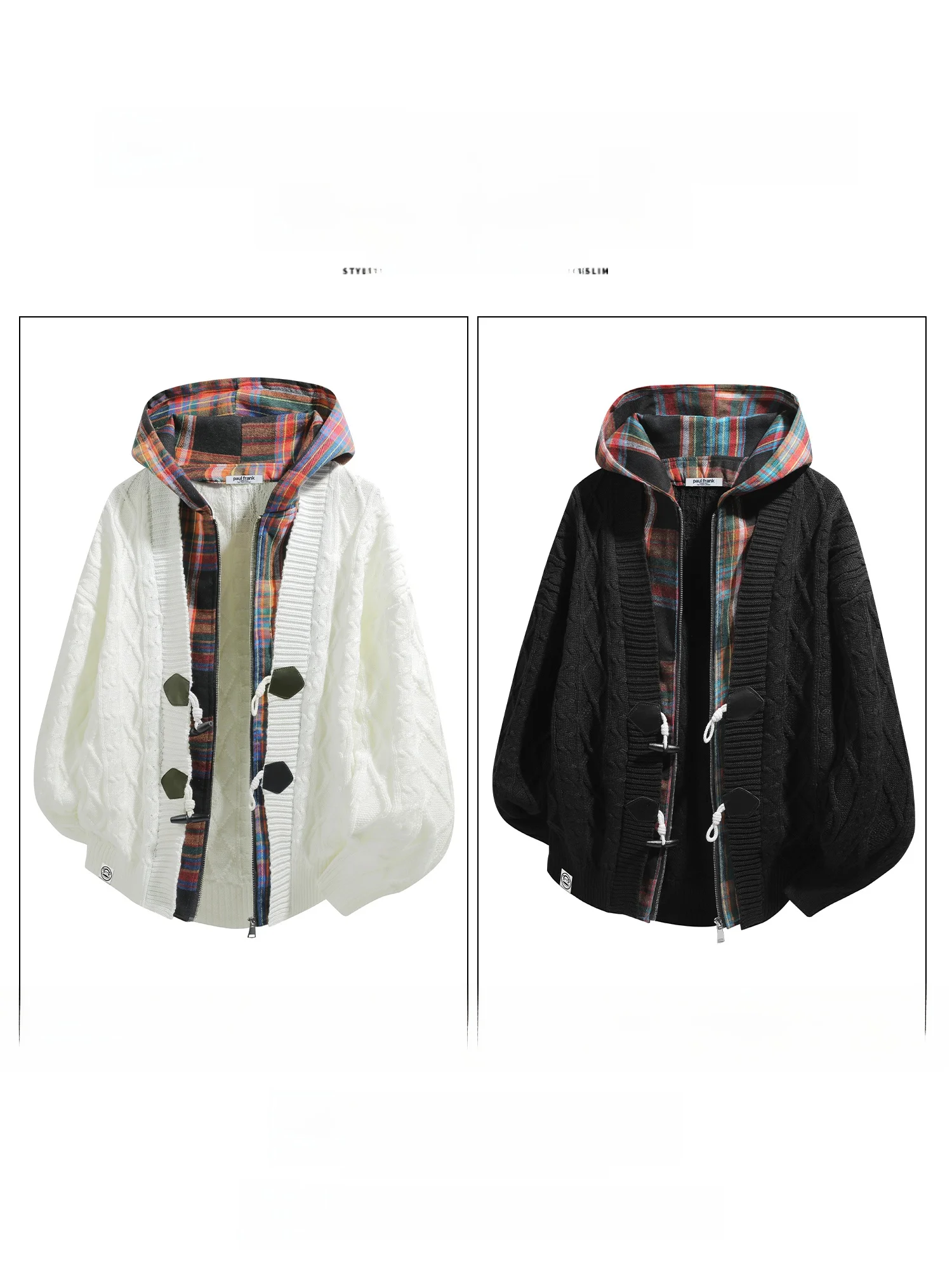 PaulFrank Autumn Winter Men's Casual Hooded Knitted Cardigan Sweater Plaid Splicing Fake Two-Piece Faion Urban Sle