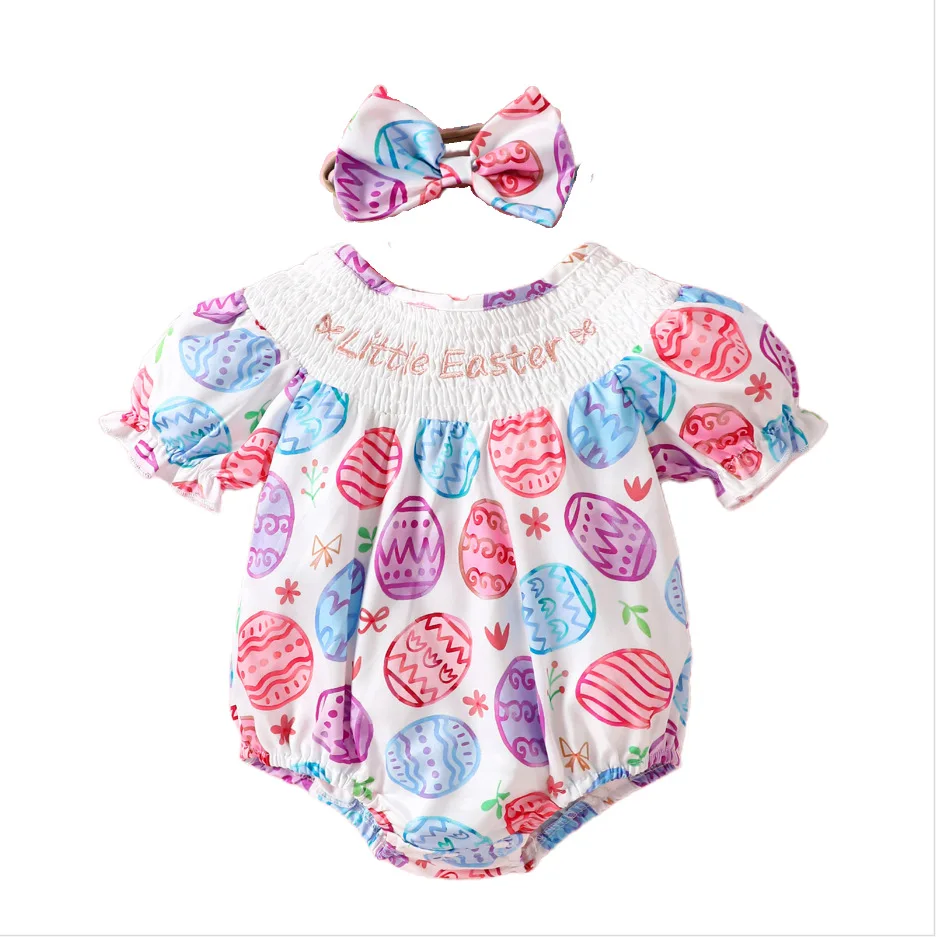 Easter Series Girls Short Sleeve Smock Onesie Baby Clothes Cute Egg Printing Wholesale Infant Romper Outfit