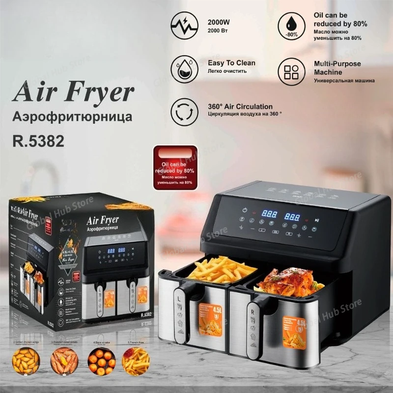 Dual-Chamber & Dual-Pot Air Fryer, 9L Large-Capacity Multi-Functional Model with Dual Baskets and Smart Touch Screen