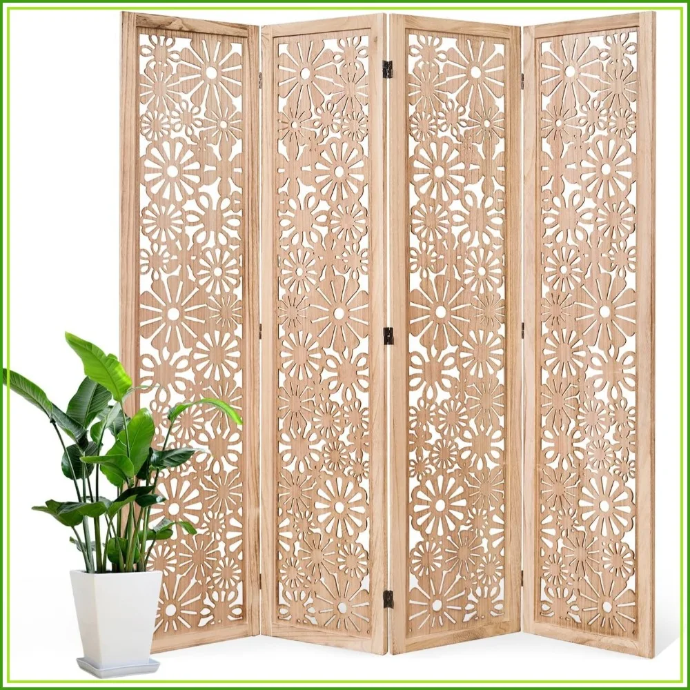 Folding Wood Room Divider Panel 67 Inch Tall Daisy Carved Privacy Screen No Assembly 4 Panel Natural