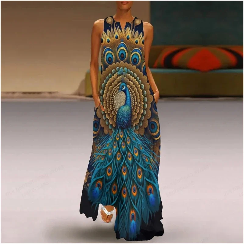 Women's Fashion Long Dress Cute Elegant Peacock Owl Animal patterns Print Dress Spring Summer Casual Loose Sleeveless Tank Dress