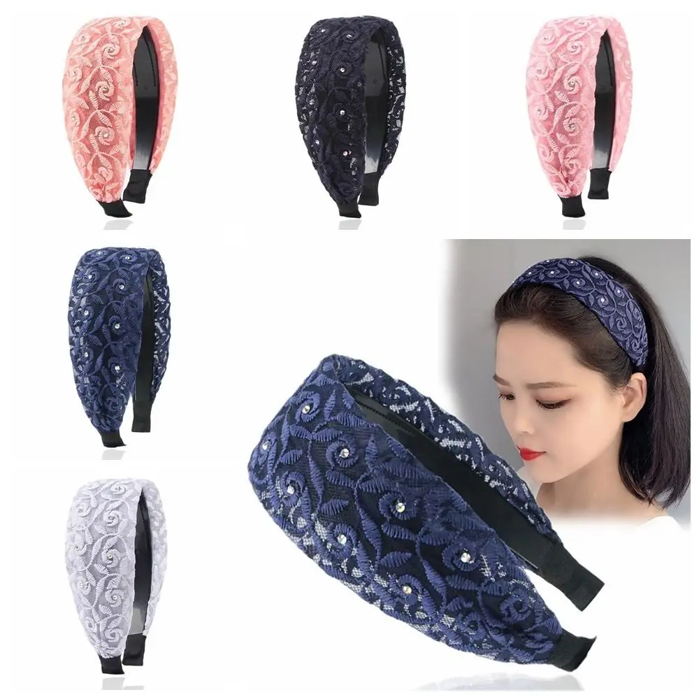 Elegante cristal feminino argola de cabelo lado largo bordado mãe argola de cabelo malha antiderrapante renda bandana feminino hairbands