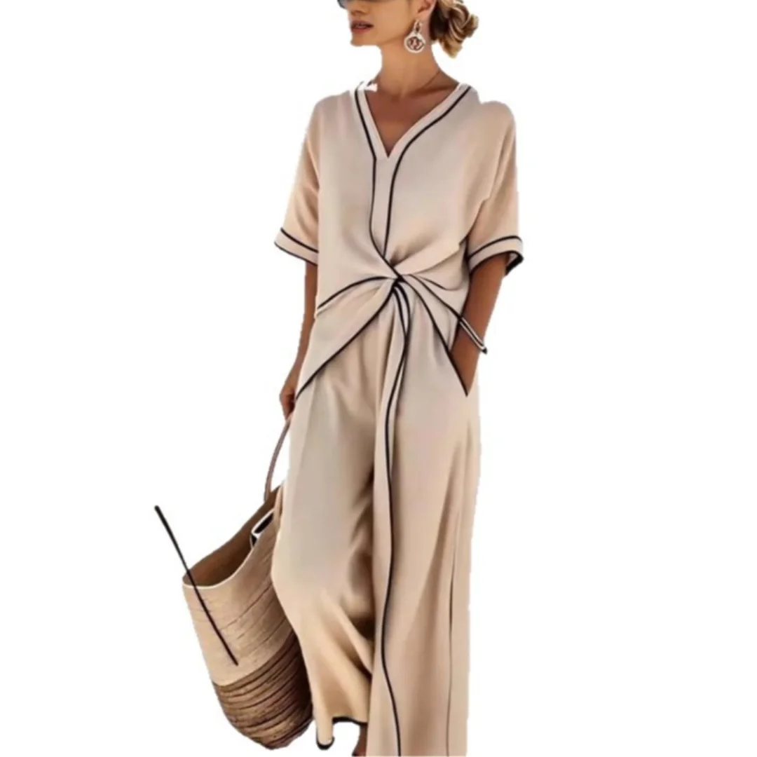 

Elegant Striped Print Short Sleeve Woman Dress Casual V Neck Vacation Beach Maxi Dress Summer Boho Loose Irregular A-Line Dress
