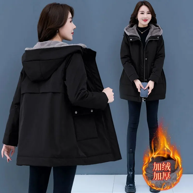 2024 New Women\'s Puffer Hooded Velvet Lined Winter Jacket Casual Warm Padded Coats Snow Wear Parka Loose Long Loose Female Overc