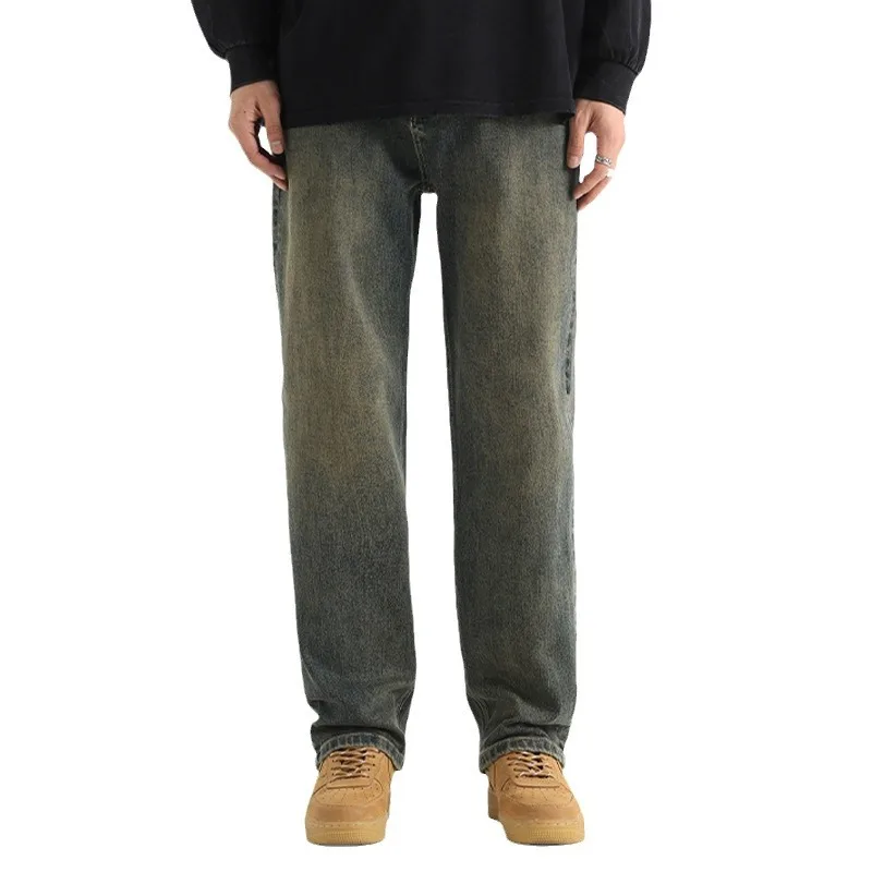 High Quality Men's Jeans Spring Autumn New Loose Vintage Green Versatile Elastic Denim Pants Trousers Bottoms