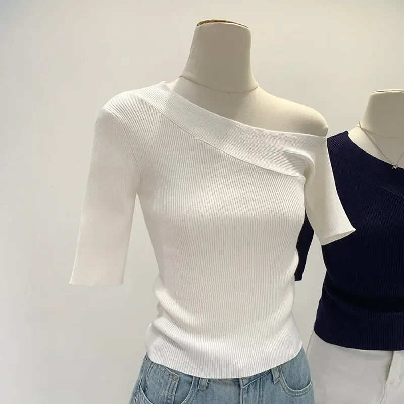 

Pop French Style Shoulder Bared Mid Sleeve T Shirt Women's Commute New Slim Fit Unique Top Summer Casual Short Sleeve Tee