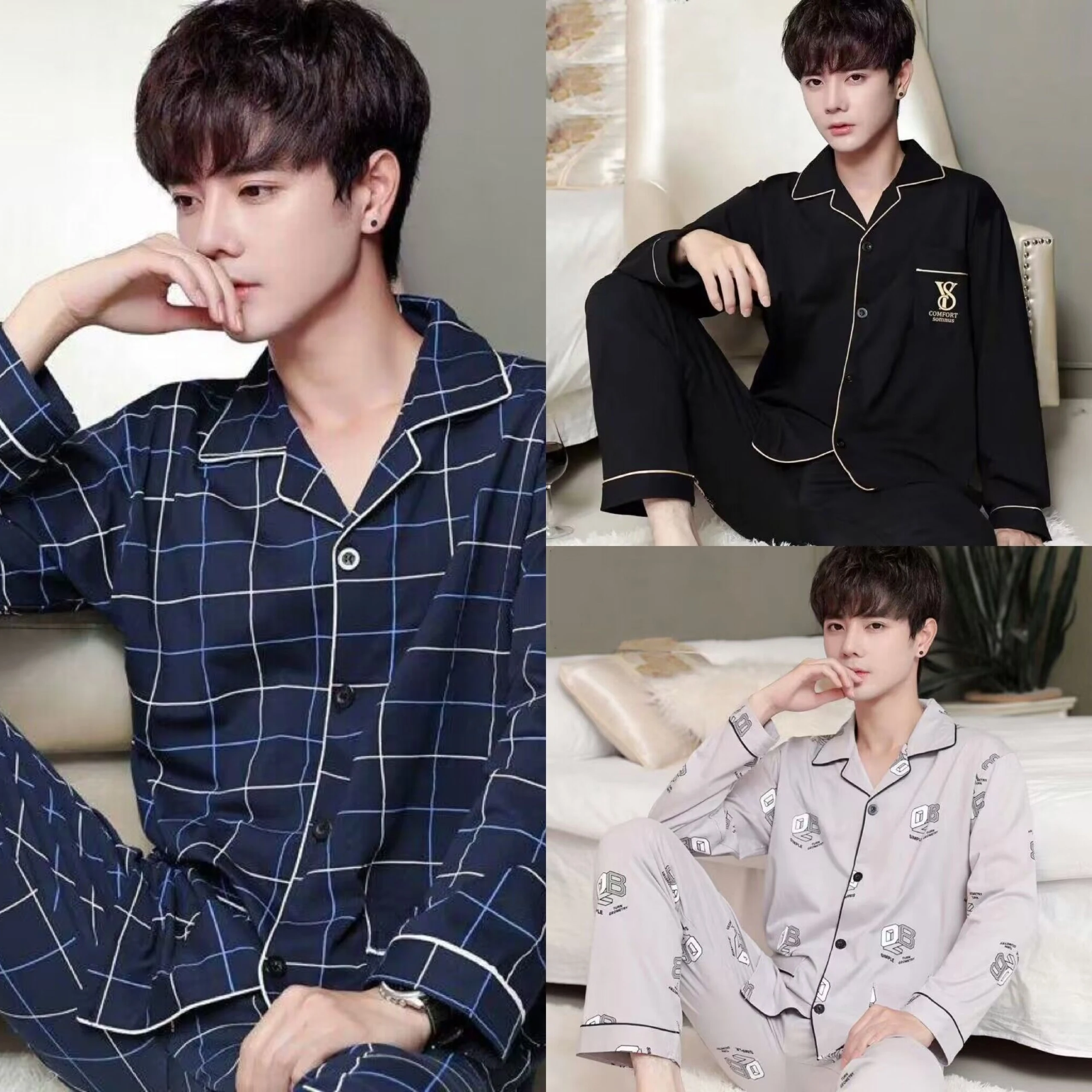 Spring And Summer Cotton Men\'s Pajamas Long-Sleeved Trousers Boys Pajamas Suit Teenagers Casual Homewear Suit