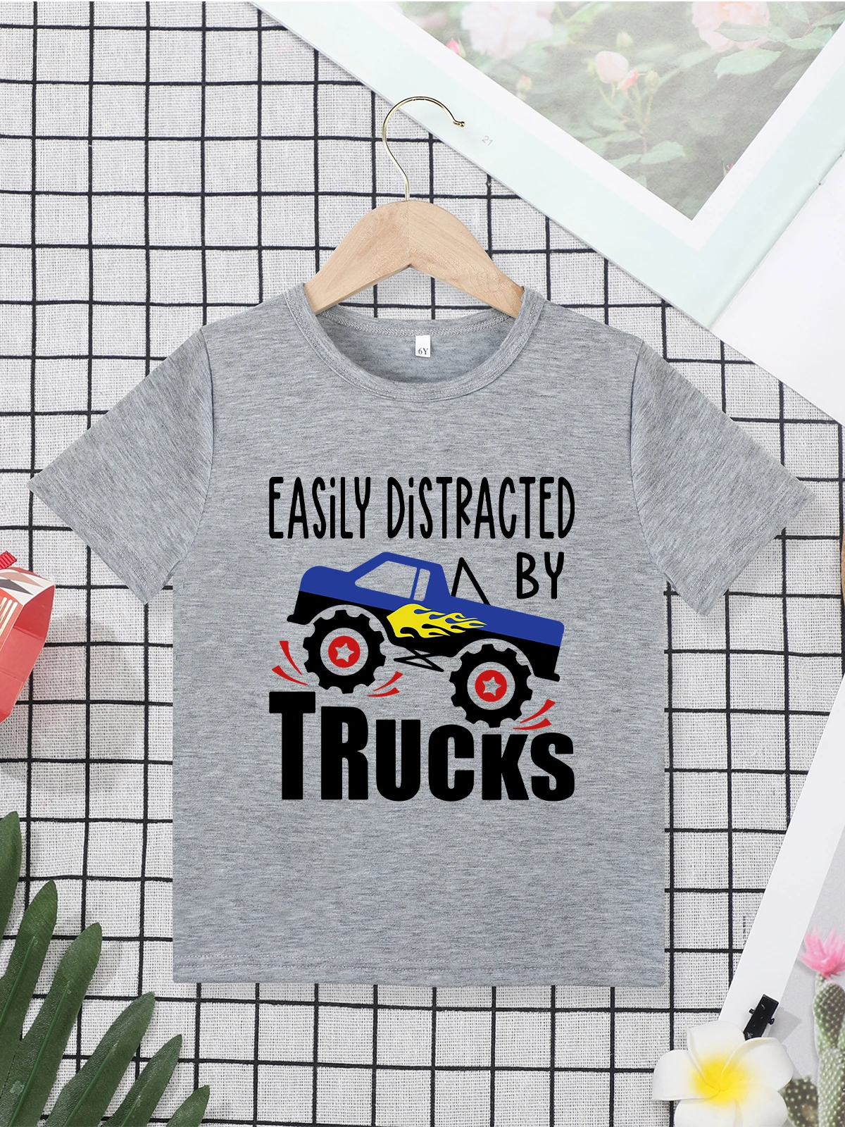 

Easily Distracted By Trucks Funny Boys Clothes Grey Casual Versatile Summer Tops American Harajuku Fashion Children T Shirt