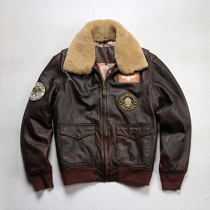 American-style G1 genuine leather pilot jacket for men, with quilted detachable wool collar, made of cowhide leather.