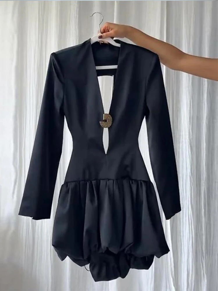 Women's Dresses Deep V Mini Dress Sexy Cutout Waist Metallic Detail 2025 Trendy Long Sleeve Party Evening Wear Woman Clothes