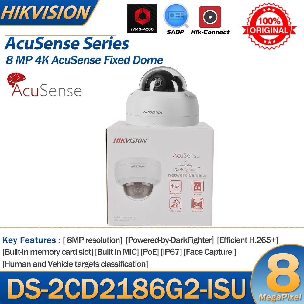 Hikvision IP Camera 8MP Dome DS-2CD2186G2-ISU 4K POE AcuSense Darkfighter Audio Alarm Built-In Mic Human Vehicle Classification