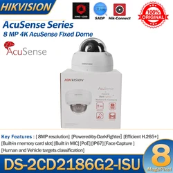 Hikvision IP Camera 8MP Dome DS-2CD2186G2-ISU 4K POE AcuSense Darkfighter Audio Alarm Built-In Mic Human Vehicle Classification