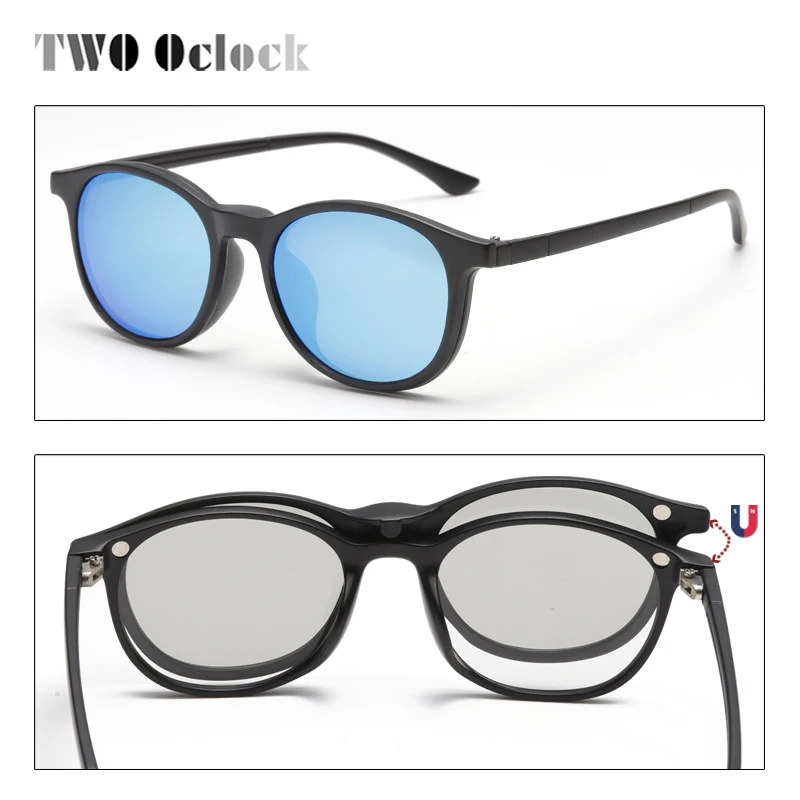 TWO Oclock Magnet Sunglass Women Men Polarized Lens Optical Spectacle Frame Clip On Glasses Men Round TR90 3D Night Vision A2245