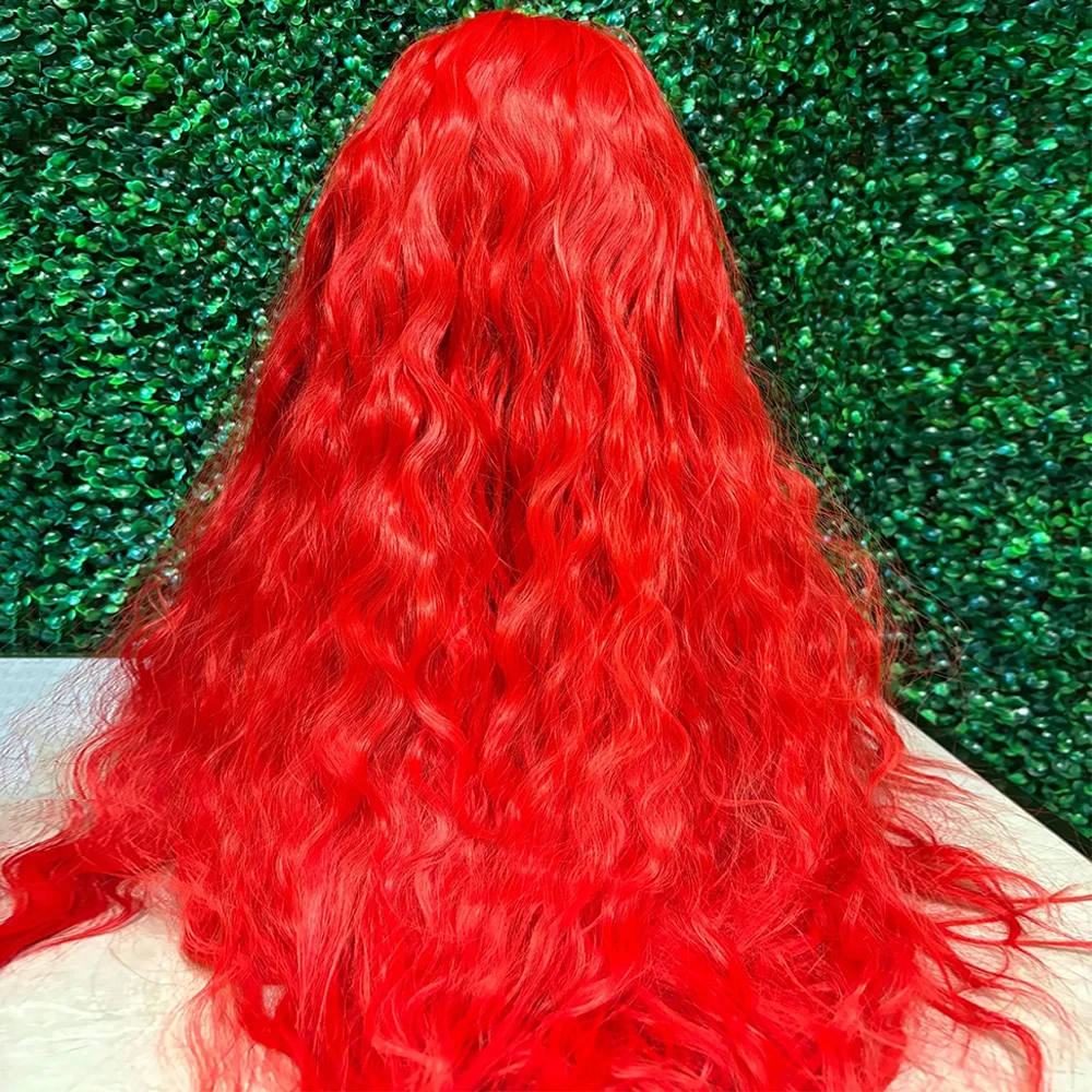 Pelucas frontales de encaje rizado suelto rojo para mujer, Color rojo brillante, onda de agua profunda, pelucas de encaje sintético 13x4, moda ligera para damas