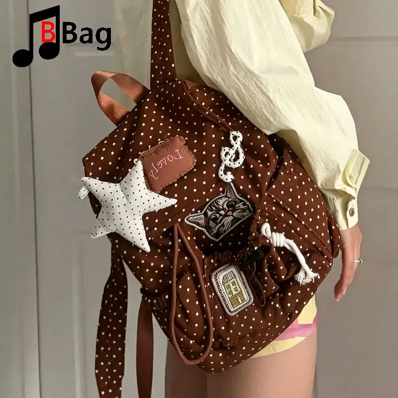 Original Polka Dot Pillow Star Cat Vintage Japanese Korean Style Casual Drawstring Daily Lightweight Backpack School Bag