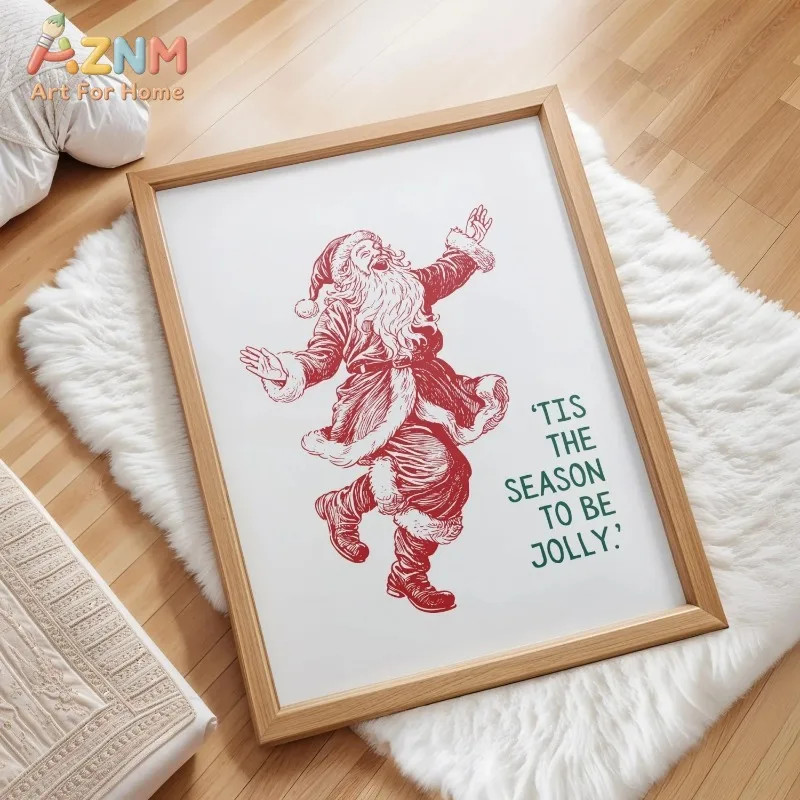 Unframed Canvas Wall Art Retro Christmas Gallery Wall Santa Tree Bow Text Prints Vintage Xmas Poster for Holiday Home Wall Decor - view 2