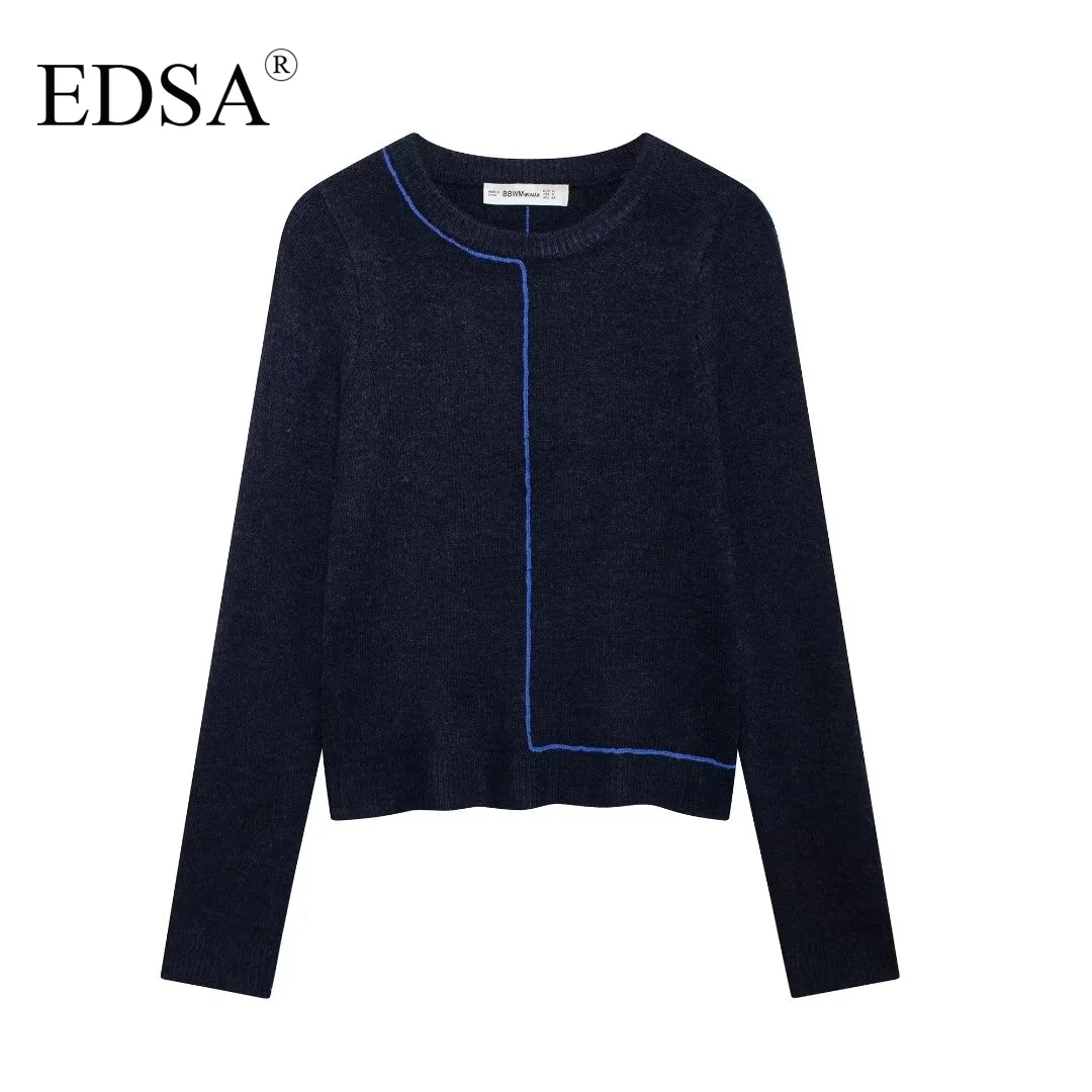 EDSA Women Patchwork Pullover Knitted Sweater Vintage O-Neck Long Sleeves Female Chic Lady Coat Tops