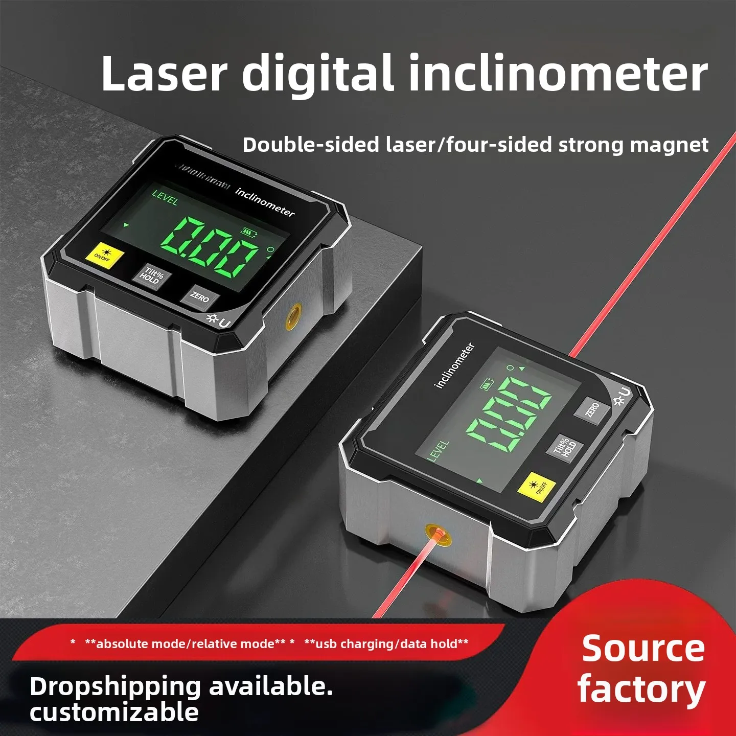 Digital Inclinometer with Laser 4-Side Magnetic Slope Meter for Angle Measurement Leveling Tool