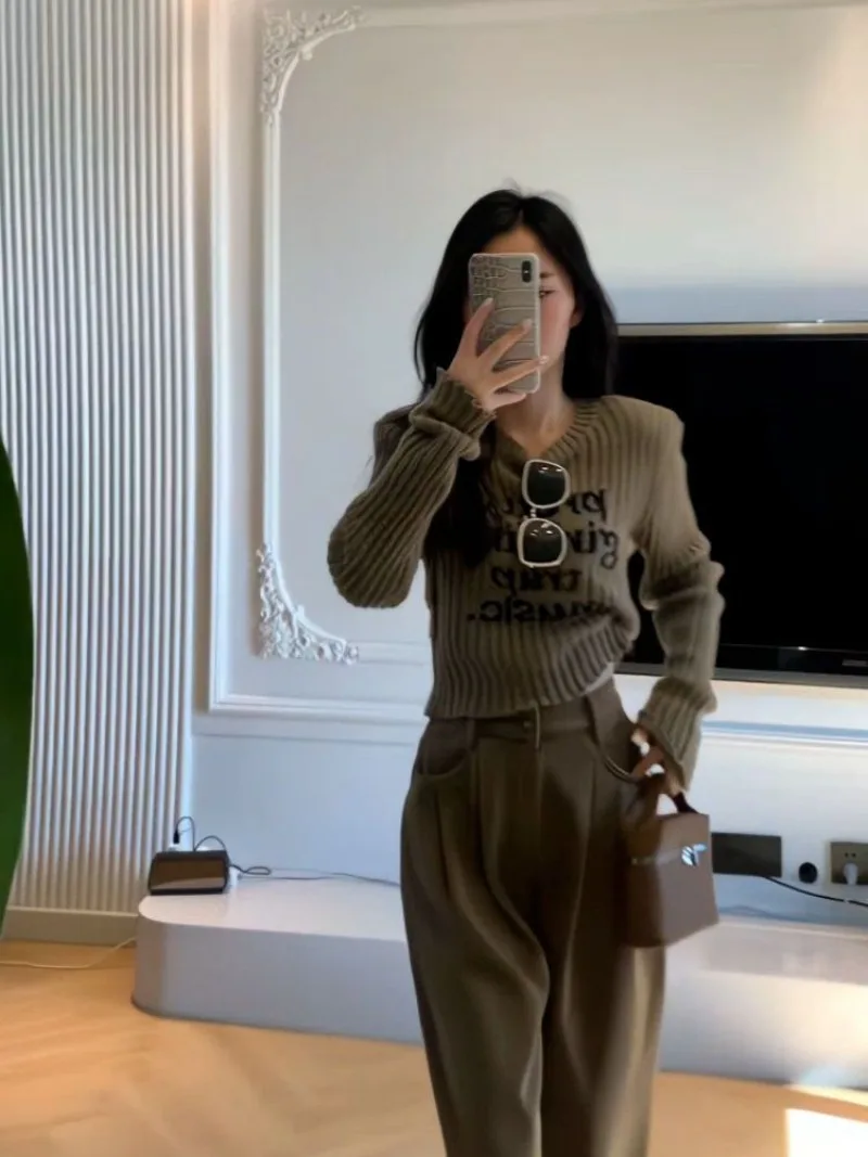 

Модный повседневный пуловер в Корейском стиле, Женский Зимний вязаный свитер с надписью, свободные широкие брюки, комплект из двух предметов