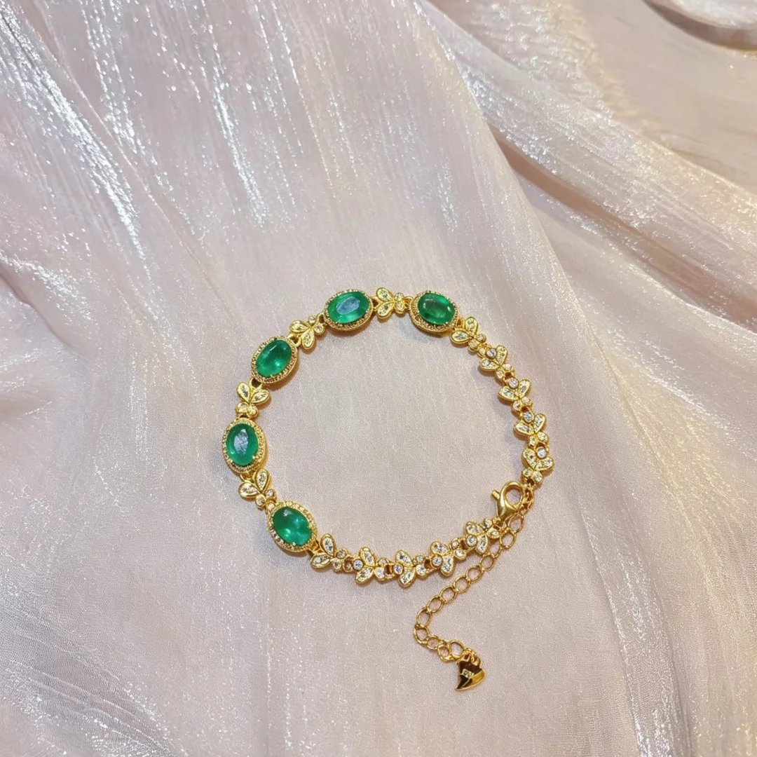 Designer Created Exquisite Natural Emerald Bracelet 5*7mm S925 Silver High Class Chic Graceful Ladies Trendy Jewelry 5*7mm
