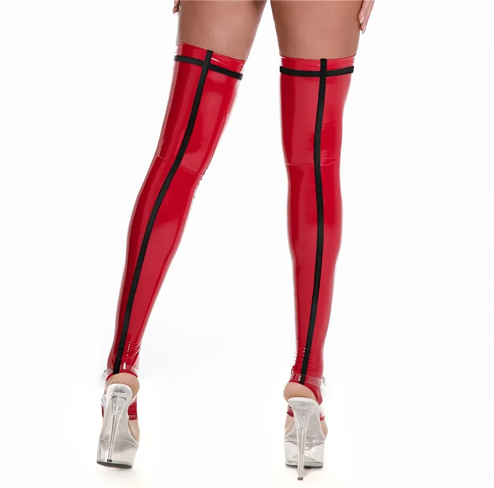 Shiny Patent Leather Thigh High Stockings Women PU Faux Leather Glossy Gothic Over Knee Sexy Stage Wear Legwear Black Red Cross