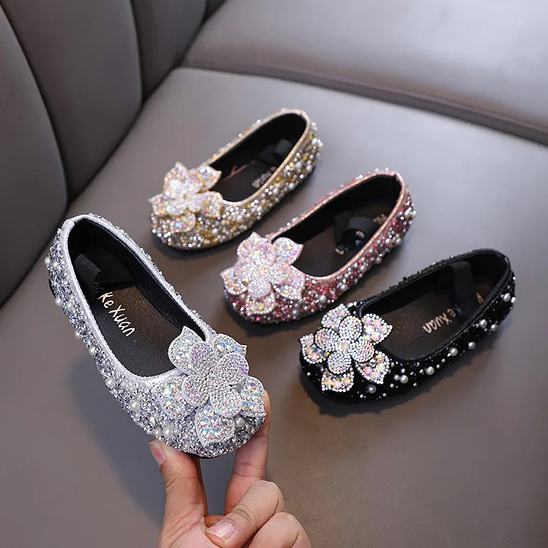 Children Spring Autumn Princess Rhinestones Flowers Sequins Girls Ladies Laser Pearls Performance Dance Shoes Girls Single Shoes