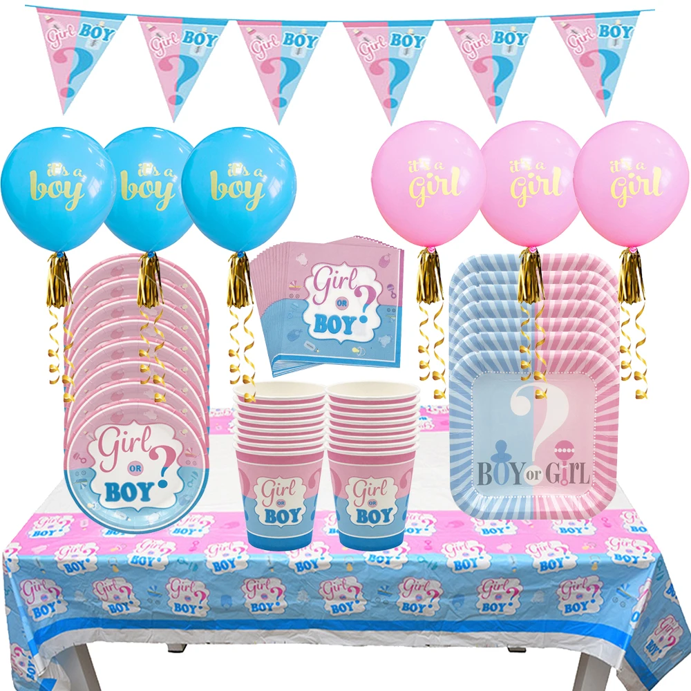 Gender Reveal Party Supplies IT's a Boy or Girl Banner Ballons Disposable Tableware Plates Baby Shower Photo Prop Decoration