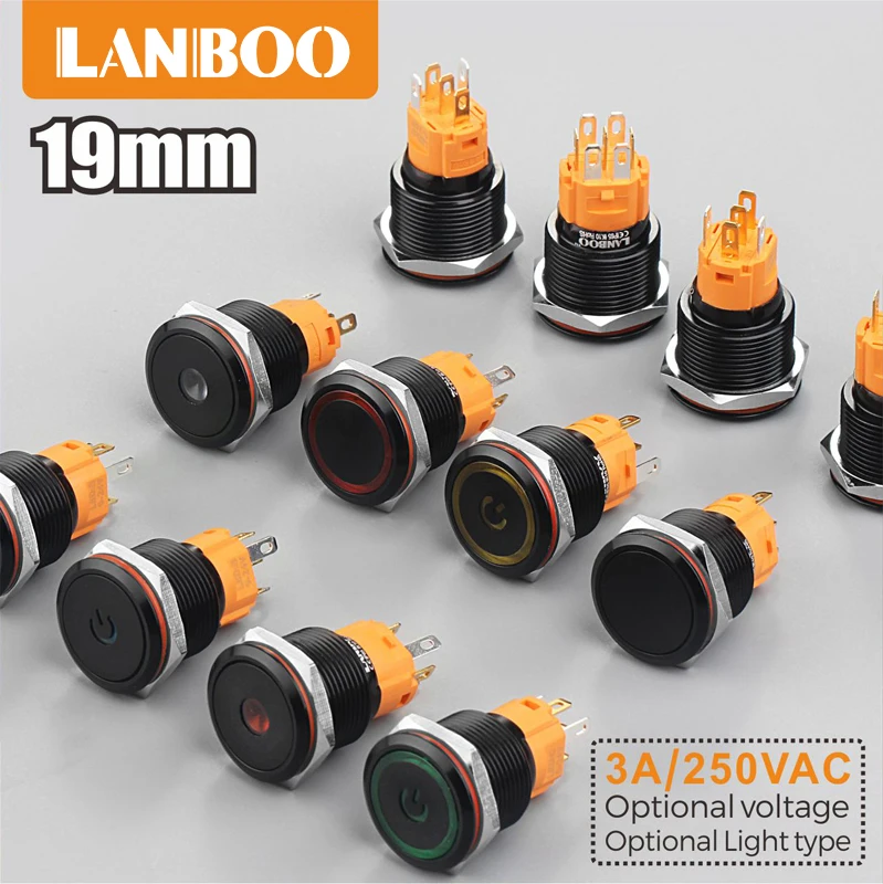 Lanboo 19mm 1NO1NC flat head on-off SPST Metal Black Aluminum finished push button switch with LED