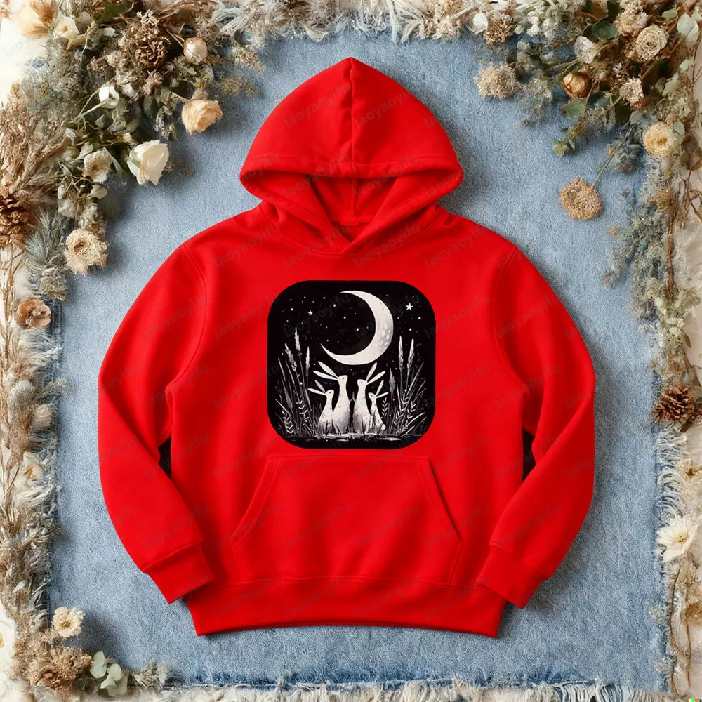 Coelho bonito com capuz lua celestial coelho roupas escuro cottagecore hoodies goblincore estética das mulheres dos homens moda vestuário casual