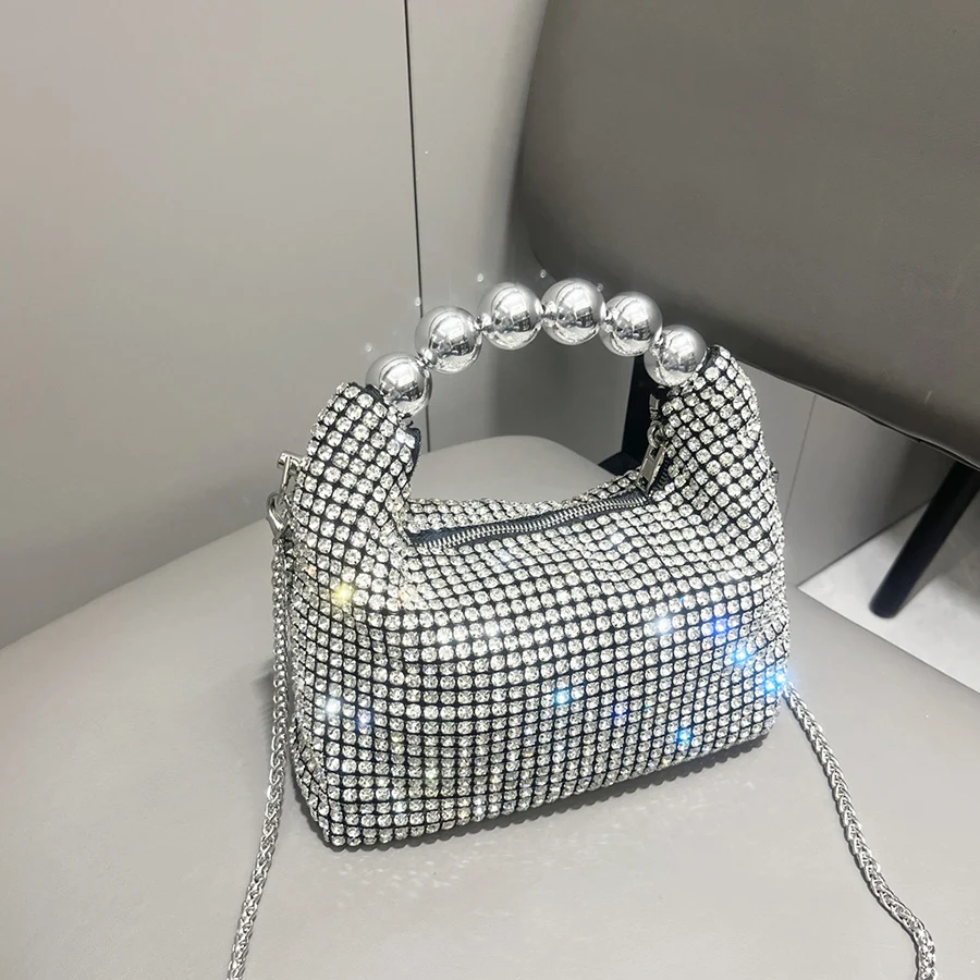 Shiny Silver Rhinestone Clutch Bags Women Luxury Design Boutique Crystal Purses Handbags Wedding Party Bead Chains Crossbody Bag