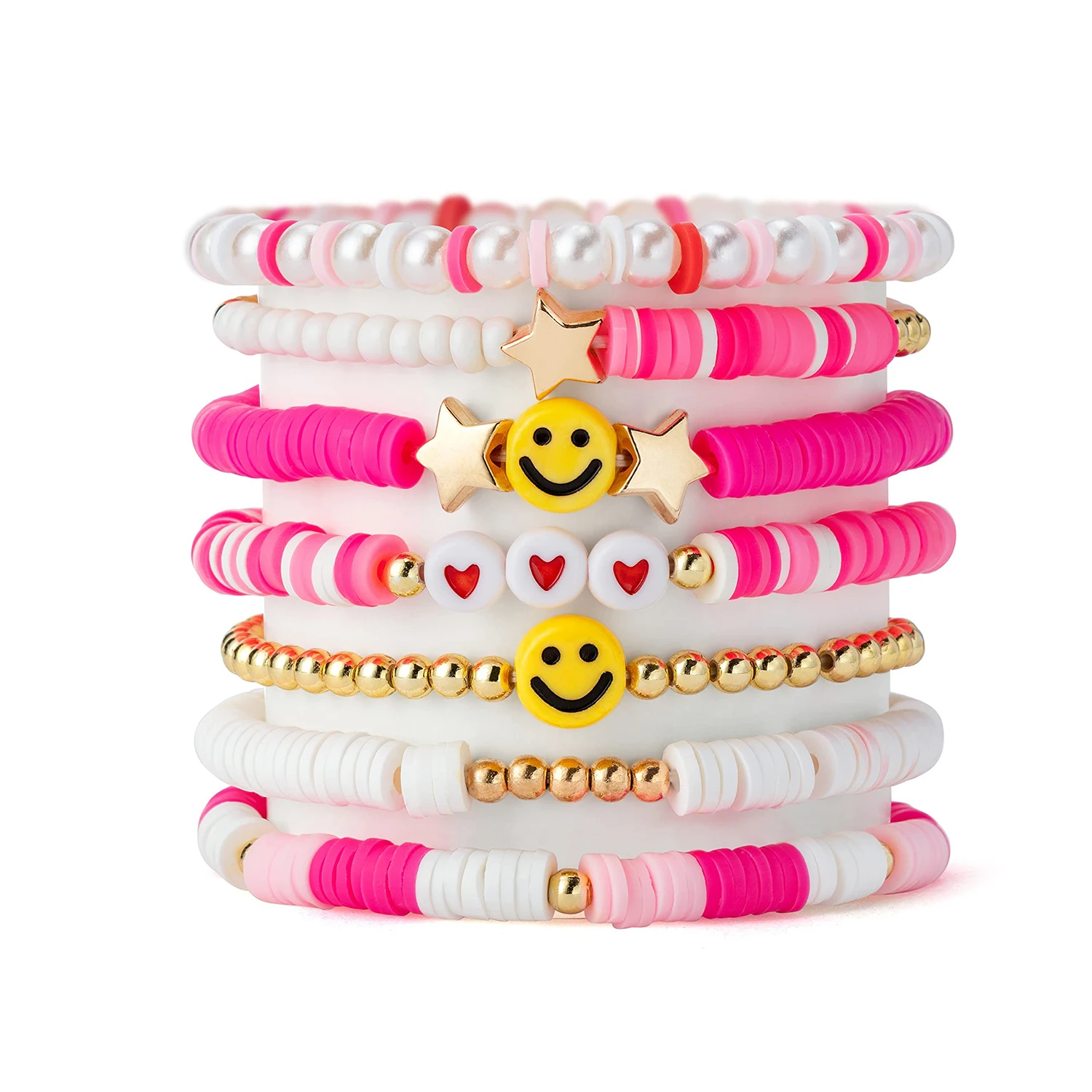 7Pcs/set Summer Style Pink Princess Soft Clay Bracelet Smile Heart-shaped Star Bead Elastic Bracelet Ideal Choice For Gifts