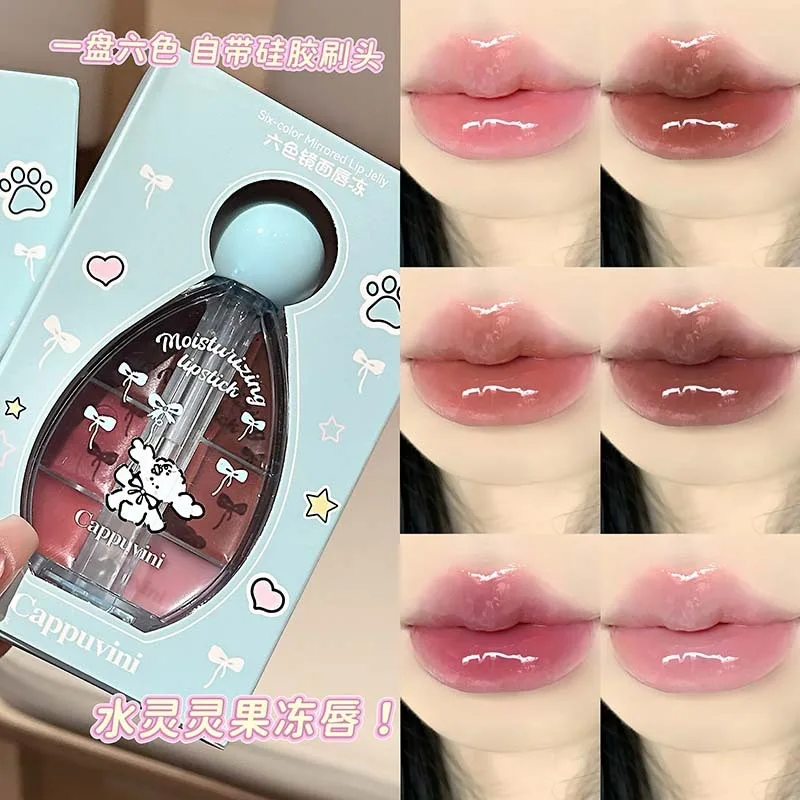 Sechs Farben Wasser Licht Lip Spiegel Gelee Lippenstift Palette für Frauen Glanz Feuchtigkeitsspendende Feste Lip Gloss Schönheit Lippenstift Make-Up
