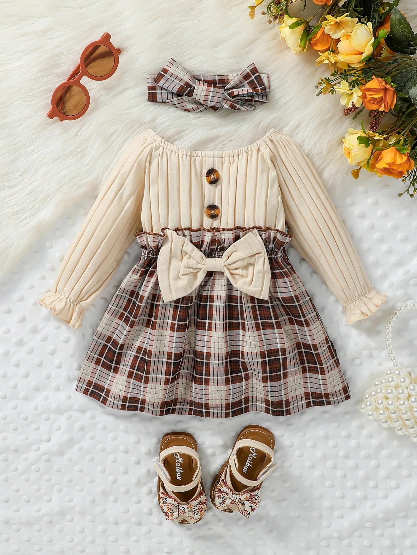 2024 New Baby Girls Autumn Long Sleeve With Bow Plaid Fahion  Cute Dress