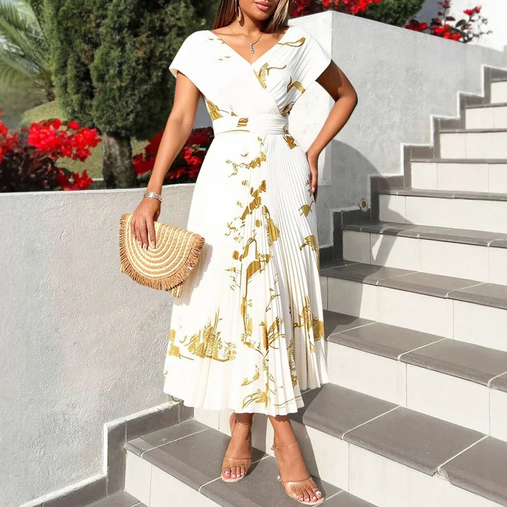 ชุดเดรสผู้หญิงฤดูร้อน ดีไซน์หรูหรา ทันสมัย ปี 2025 ลายพิมพ์ จีบระบาย แขนสั้น คอวี ทรงเอ สำหรับวันหยุดพักผ่อน ชุดเดรสยาวจีบระบาย
