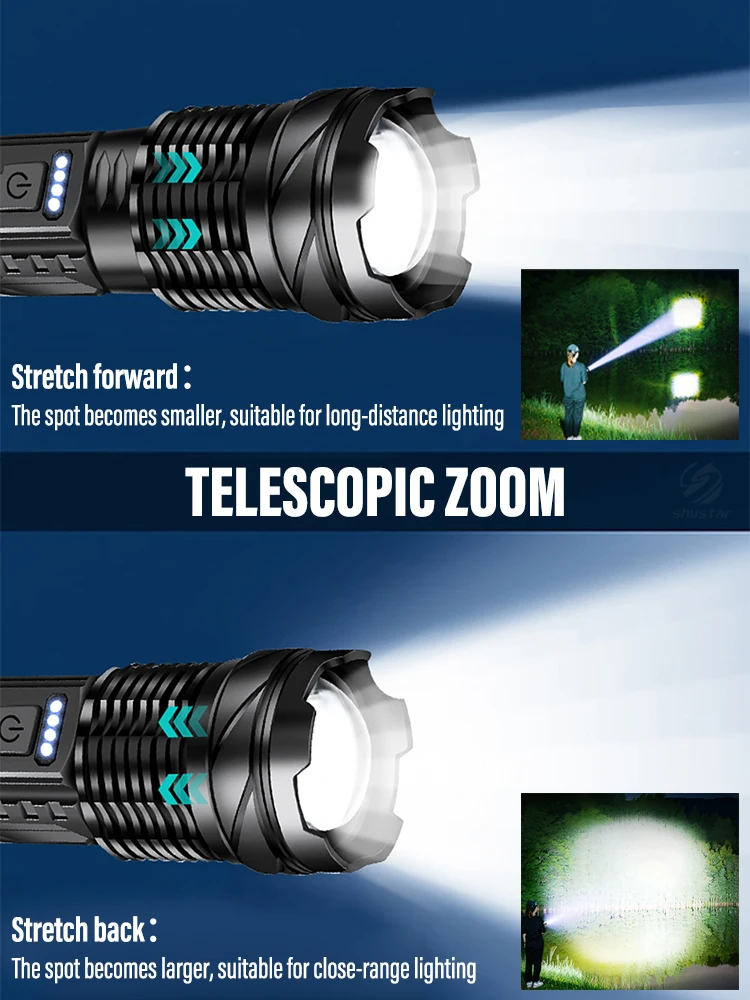 Super Bright LED Flashlight, Rechargeable Torch with High Brightness Sidelight, Using 30W White Laser Cartridge