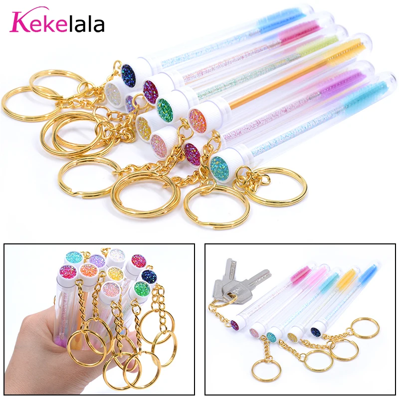 5Pcs Sparkling Eyelash Brushes Crystal Lash Mascara Wands In Tubes With Keychain Disposable Eyebrow Spoolies Combs Makeup Tools