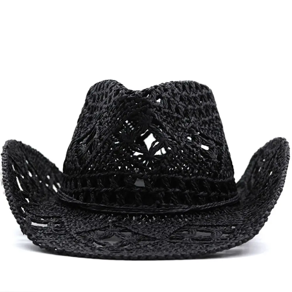 Classic Wide Brim Hollow Straw Hat Curled Handmade Western Cowboy Cap Woven Sunscreen Sun Hat Sport