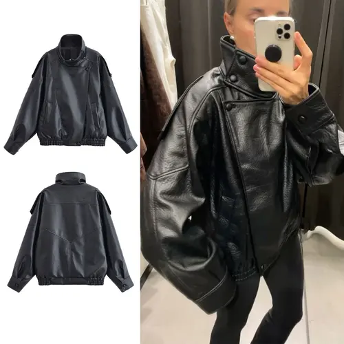 HH Street Fashion Chaqueta de cuero asimétrica para mujer, manga larga, cremallera con bolsillos, cuello alto, abrigos sueltos Retro de otoño